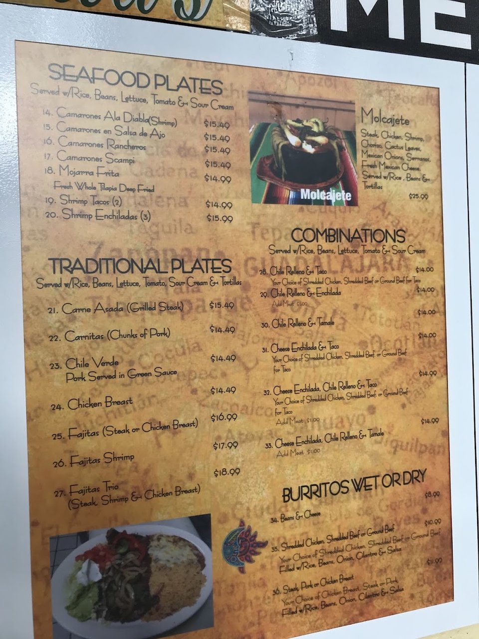 Drinks menu featuring margaritas, beer, and wine.